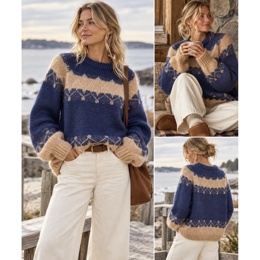 100% Mohair Cobalt Blue & Tan Women's XL Sweater Nordic Quiet Luxury XL